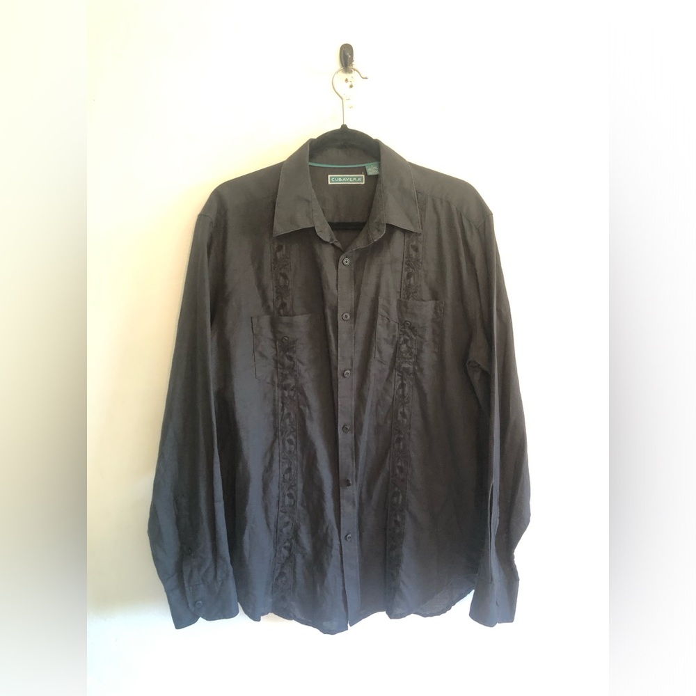 Cubavera Shirt Men's Large Linen Long/Cotton Long Sleeve Button Down Black